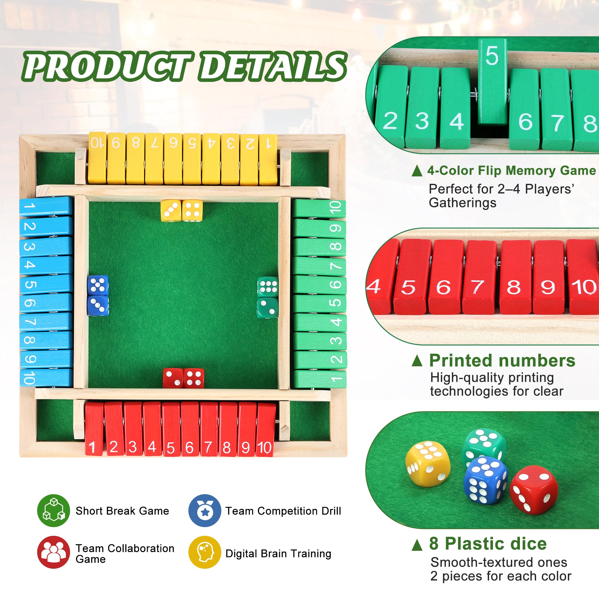 Shut The Box Game, Math Dice Board Game for Family Night Classroom Travel, Wooden Table for 2-4 Players, Improves Mathematical Skills, for Classroom, Home Bar Party & Travel