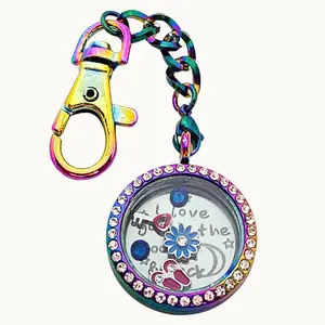 I Love You To The Moon & Back Rainbow Crystal Locket Keychain Flower Flip Flops Pink Heart Key