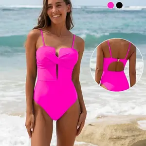 Popvil Solid Color Wrap Front Lace-up One Pieces Tummy Control V-Neck Swimsuit for Vacation,Sculpting Swimsuit,dealsforyoudays