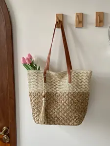 Women's Striped Woven Grass Bag, Zipper Closure Beach Holiday Tote, Large Capacity Portable Summer Travel Accessory