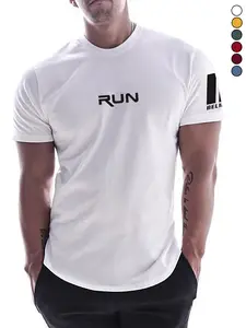 Men’s casual RUN print short-sleeve athletic T-shirt made from four-way stretch fabric, moisture-wicking and quick-drying, featuring a lightweight minimalist design and slim fit—ideal for sports performance and best paired in summer. Crewneck Tshirt
