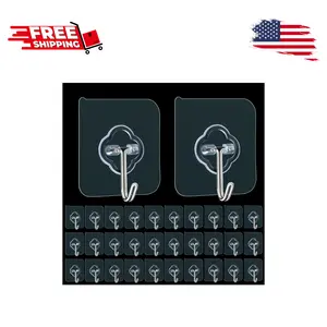 Adhesive Hooks, 32 Pack 33lb(Max) Sticky Hooks, Transparent Reusable Removable Adhesive Hooks