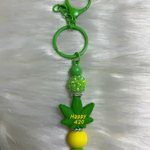 420 Keychain - Green Leaf Design with "Happy 420" Text, Yellow Bead, and Green Bead, Perfect for Keychains
