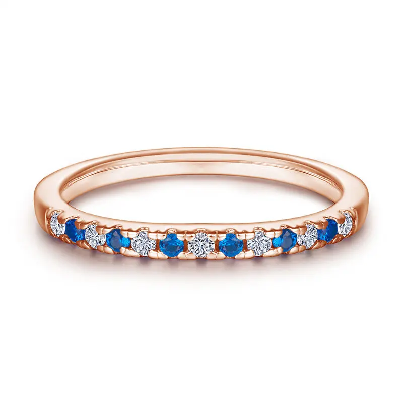 Jeulia Women's Classic Round Cut Halo Artificial Gemstone Ring - 2g Rose Gold-Silver Coated Band, Cubic Zirconia Designs, Sparkly Cubic Zirconia, Alternating Blue & White Stones, Special Day Daily Jewelry