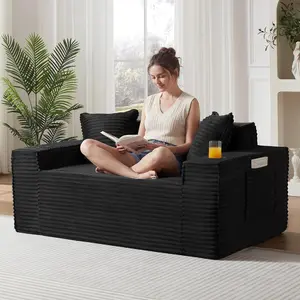 61" Boneless Sofa Couches with Cup Holder,2 Seat Loveseat Sofas with Side Pocket for Compact Living Rooms, Apartments (Black, Loveseat) No Assembly Required, 2-Seater Sofa, mini couch, cup holder, boneless loveseat, side pocket