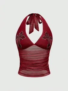 AESS Goth Cross Rhinestone Mesh Side Ruched Halter Top – For Carnival Festival Outfits | Sexy Backless See-Through Sheer Mesh Cami & Flattering Side-Ruched Sparkly Graphic Vest | Trendy Y2K Punk Grunge E-Girl Clubwear Streetwear Top