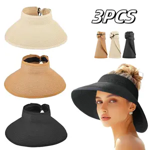 3PCS Foldable Straw Sun Visor Hats for Women Wide Brim Summer Beach Hat Packable Ponytail Visors Adjustable Sun Protection