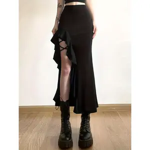 Women'S Summer Bodycon Long Skirt Casual High Waist Thigh Split Ruffle Skirt Elegant Midi Skirt