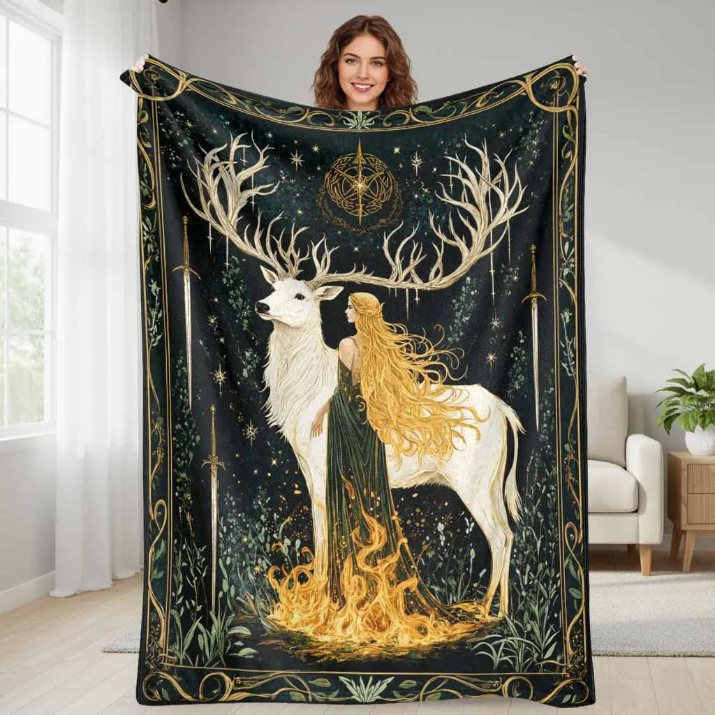 Mystic Deer Maiden Flannel Blanket - Anti-Pilling Flannel Fabric, Celestial Print, Soft Cozy Lightweight Warm Decorative Throw for Home/Cabin Indoor/Outdoor Bedroom Sofa Gift, Multi-Size