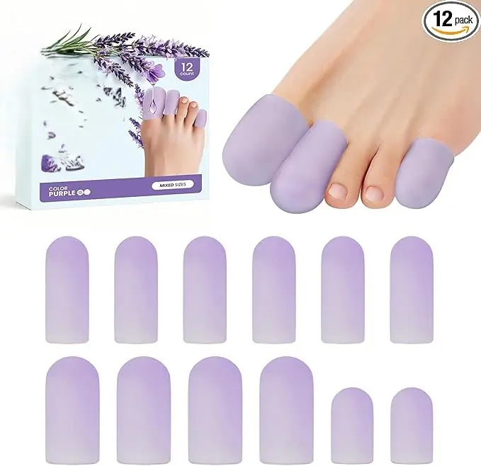 Silicone Toe Protectors, 12 pcs Soft Gel Toe Protectors for Men & Women-Toe Caps for Foot Pain Relief-Toe Sleeves for Ingrown Toenails, Corns, Calluses, Blisters(Lavender, 4L+6M+2S)