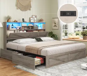 AOGLLATI Farmhouse Full Size Wooden Bed Frame - 4 Storage Drawers, Charging Station, Hidden Space Bookcase Headboard with Storage, LED Lights, Metal Slats, Gray - Mother's Day Gift for Apartments, Room Decor, Studio Setup