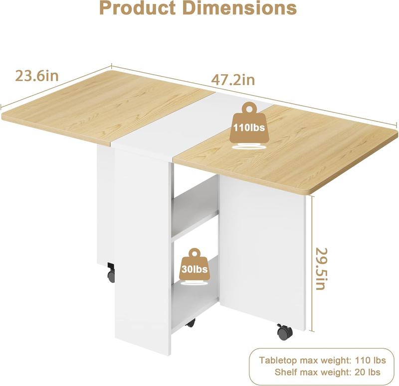 【 table only 】 FoldingTable, Drop Leaf Dining Table with 6 Wheels and 2-Layer Storage Shelf, Space Saving Table for Small Spaces (Dark Walnut, 50.1" D x 31.4" W x 29.5" H)