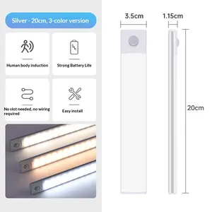 7.87 in. Silver Motion Sensor LED Light 3-Color Ultra-Thin Magnetic Wireless Easy Install Closet Rechargeable LED Under Cabinet Lights Cool White Shop Lights Adjustable Rgb Lighting