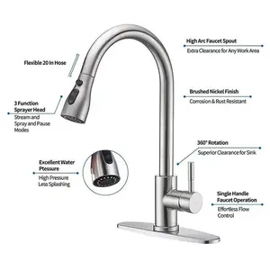 Modern 304 Stainless Steel Brushed Nickel 360 Degree Rotating Pull-Out High Arc Faucet, Durable Kitchen Sink Bathroom Faucet, One-Click Shut off