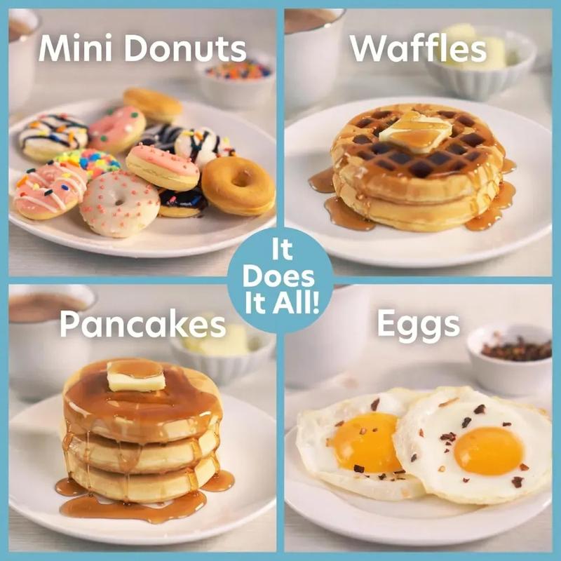 3 in 1 Mini Breakfast Maker- Make Mini Waffles Donuts Pancakes or Eggs all in 1 Multi Use Appliance- Easily Swap & Clean Interchangeable Griddle Plates- Small Electric Non Stick Baker for Any Occasion