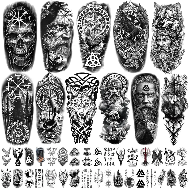 77 Sheets Viking Temporary Tattoos Adult Kids, Viking Pirate Tribal Totem Fake Tattoos Stickers, Nordic Norse Celtic Half Arm Sleeve Tattoos Body Art for Women Men