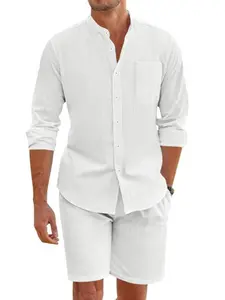 Two-Piece Set Men's Solid Color Long Sleeve Shirt & Drawstring Waist Shorts, Regular Fit Casual Comfy Top & Pocket Shorts, Men Two-Piece for Summer