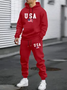 Men's Hooded Sweatshirt Set 2-Piece Letter Flag Print, Casual Loose Fit Long Pants, Fall & Winter Sportswear, 2 Piece Pack