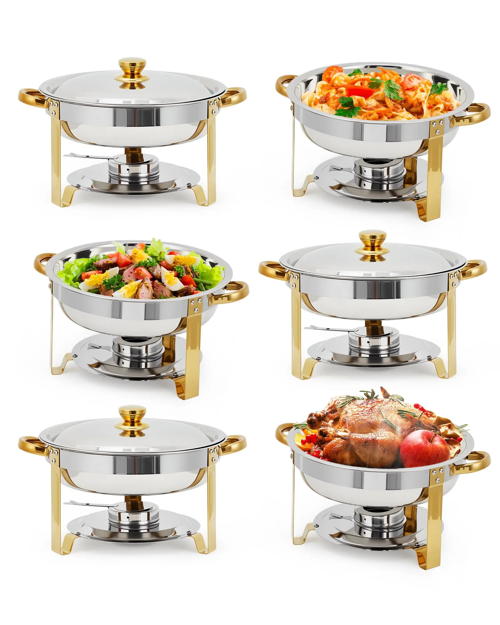 Garvee Upgraded-Chafing Dishes，2/4/6 pack 5 QT round stainless steel food warmer set complete with lids，buffet servers ideal for catering, wedding, banquet and party events
