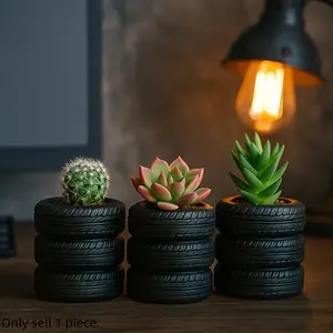 Realistic tire flowerpot-indoor/outdoor succulent cactus flowerpot, durable plastic flowerpot with black tire shape, Stackable Pots, suitable for home, office, desktop and terrace-unique birthday/housewarming gift, exclusive to plant lovers.