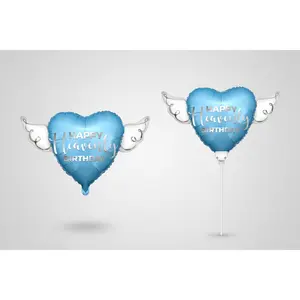 Happy Heavenly Birthday Memorial Balloon Set – Blue Silver Script 17" & 8" Balloon on a Stick Angel Wings