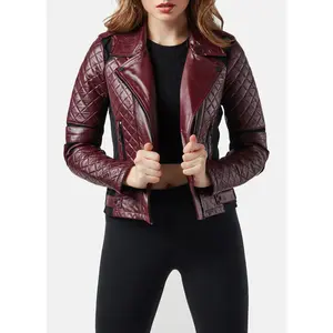 Womens Vintage Maroon Biker Leather Jacket