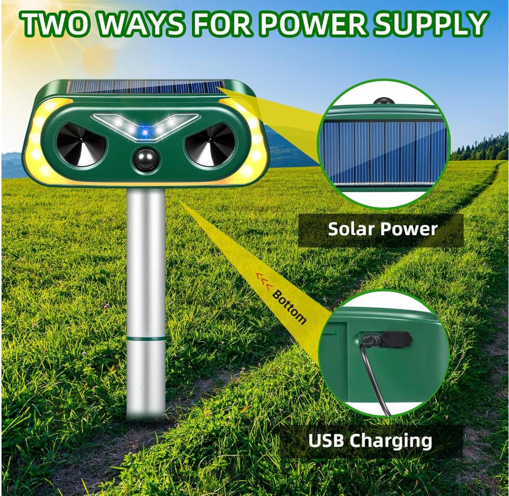 Solar Ultrasonic Flame Lamp Animal Repeller - Home Essentials, 3-9M PIR Motion Sensor, IP66 Waterproof Outdoor Pest Control Stake for Yard, Garden, Repels Squirrels, Deer, Birds, Rats, Weasels, Mosquitoes Solar Ultrasonic Flame Lamp Animal Repeller - Home Essentials, 3-9M PIR Motion Sensor, IP66 Waterproof Outdoor Pest Control Stake for Yard, Garden, Repels Squirrels, Deer, Birds, Rats, Weasels, Mosquitoes