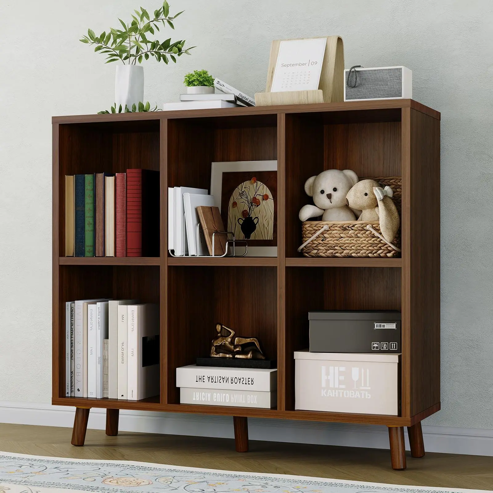 Garvee 6-Tier Mid-Century Modern Wooden Bookshelf, Rustic Brown Wood Cube Storage Organizer with Wood Legs & Anti-Tipping Design, Retro Open Furniture for Living Room, Home Office - Shelves for Bedroom Holding Books & Bedroom Decor