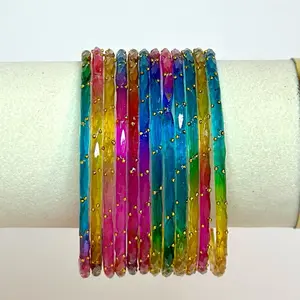 Glass Bangles - Colorful Glass Bangles with Gold Accents for Women's Fashion Jewelry