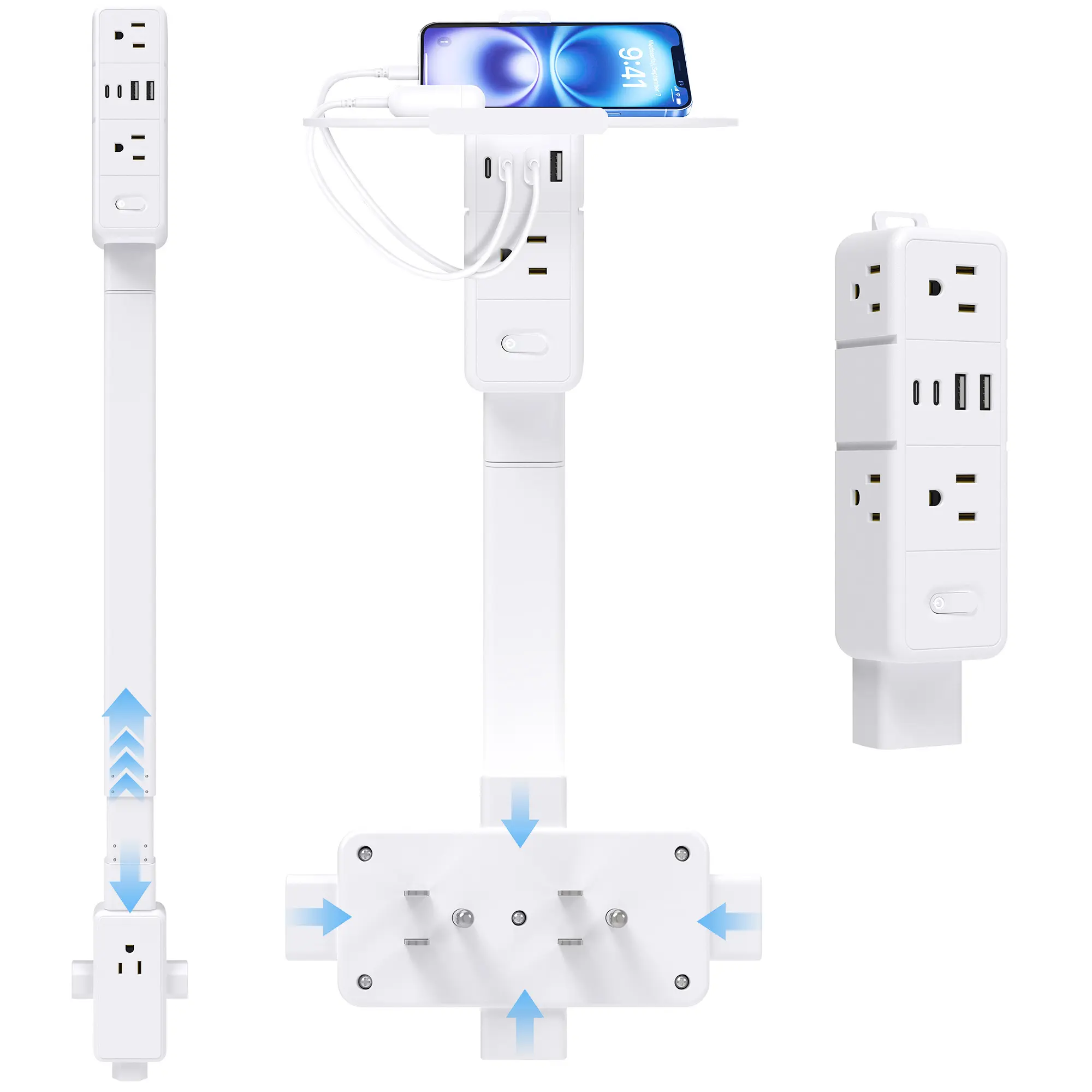Retractable Outlet Extender with Shelf, 7 AC Outlets + 4 USB Ports, 20W Fast Charging, 12.2"-36.2" Adjustable Length, 4-Way Flexible Splicing, ETL & UL Listed, for Sofa, Bed & Desk