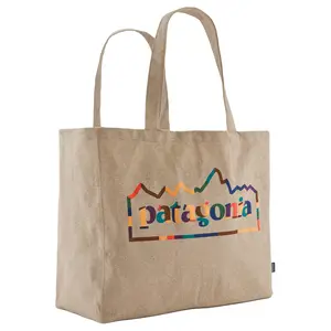 Patagonia Logo Tote Bag in Tan, Large Unisex Shoulder Bag Made from Recycled Materials