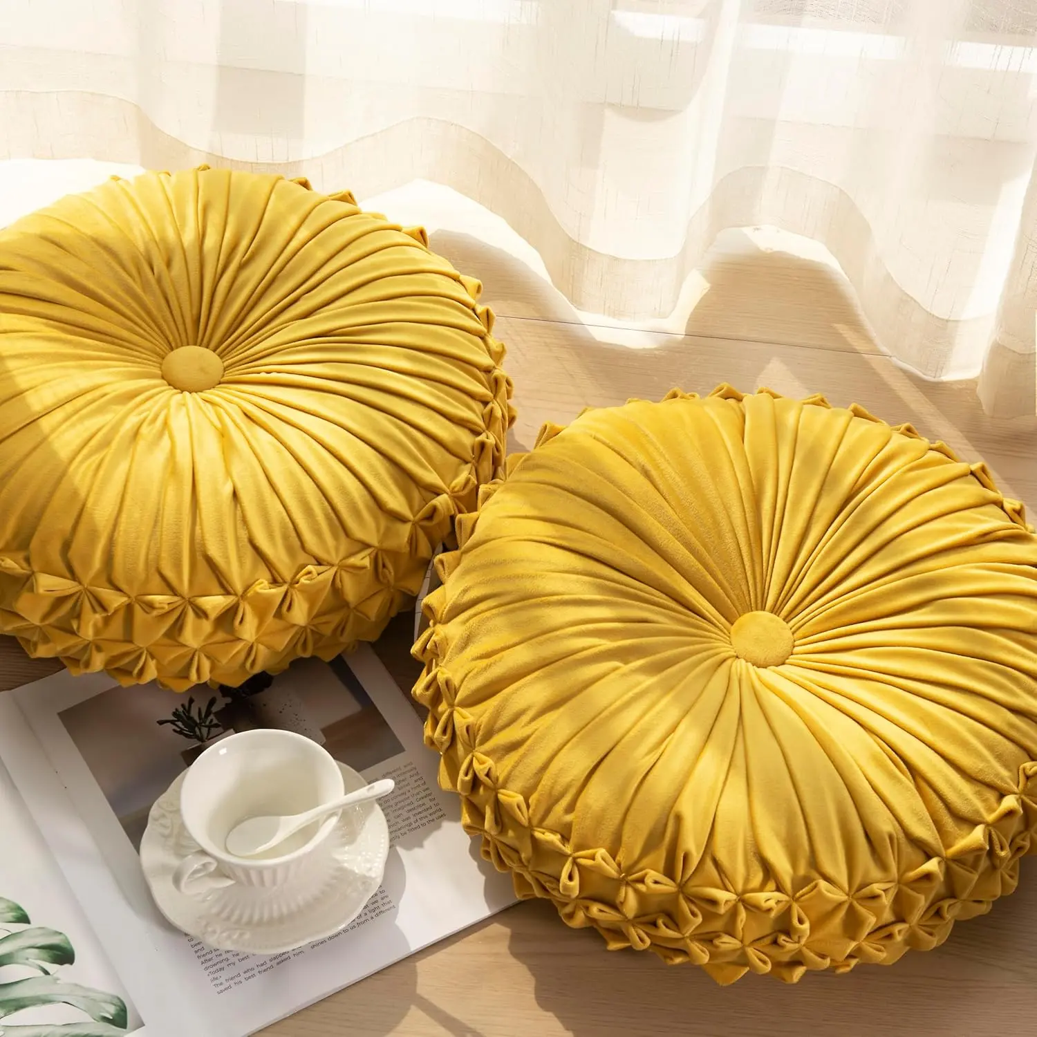 Round Throw Pillow Set of 2 - Decorative  Ruched Pumpkin Pillows with Button Center, Soft  Cushions for Couch Sofa Bed   Rustic Decor, 14.5" R, Yellow