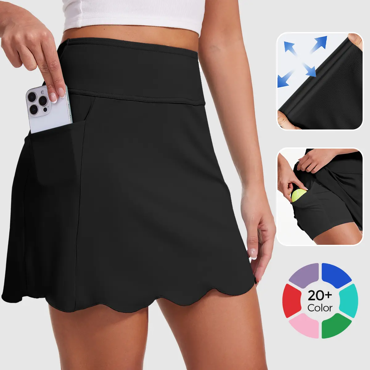 Moteepi Women's 16 inch Golf Skort with Pockets, High Waisted Athletic Tennis Skirt with Built-in Shorts, Scalloped Hem Dressy Casual Skort for Petite, Plus Size & Tall Women, Slim Fit Sports Skirt for Golf, Tennis, Running & Everyday Wear