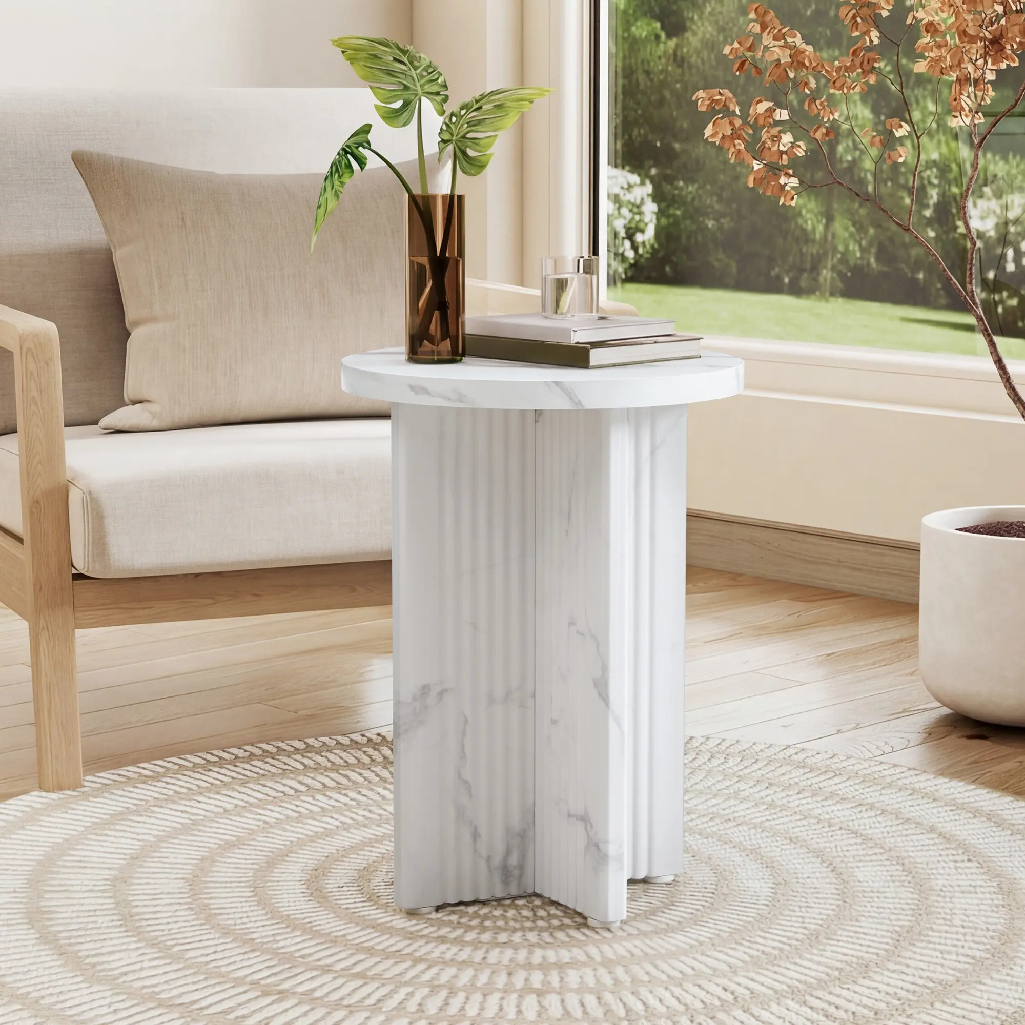 Giratree 15.8" Round Side Table with Marble-Look Top, Modern End Table with Scalloped Fluted Base and Adjustable Feet for Living Room, Bedroom and Small Spaces