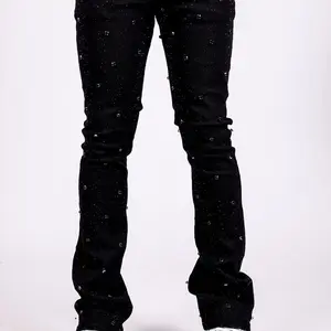 Paper Money Embellished Black Jeans with Flare Bottom men jean