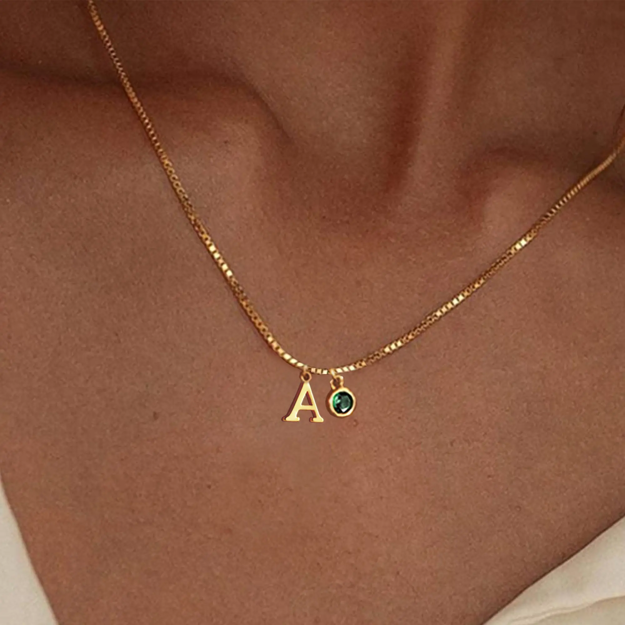 Trendy Gold Initial Necklace for Women with Green Pendant, 14K Gold Cute Letter Name Necklace, Simple Personalized Jewelry Gift for Her