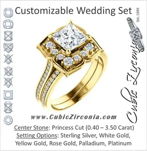 CZ Wedding Set, featuring The Lucinda engagement ring (Customizable Princess Cut Halo-Clover Style with Thin Pavé Band)
