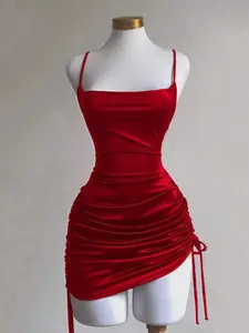 Minimalist Spaghetti Strap Ruched Decor Low-Cut Women Dress