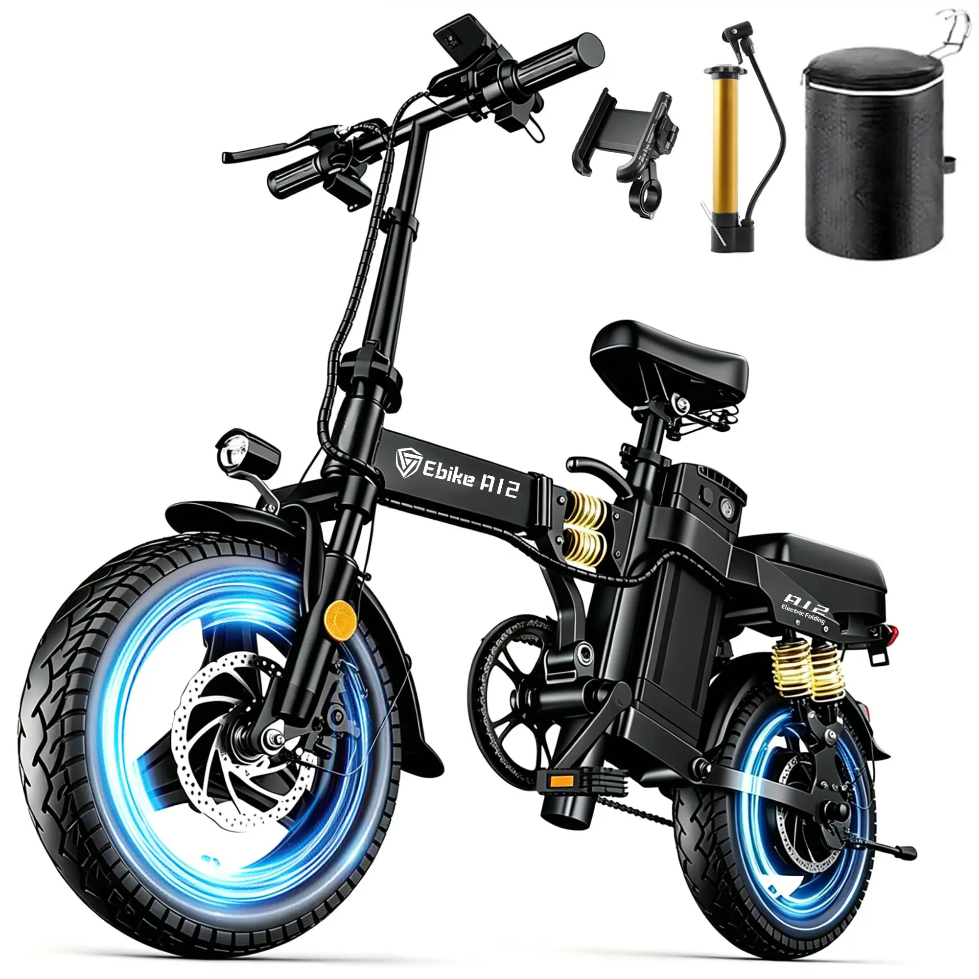 【DZZTH】A12S Foldable Electric Bike, 14"Commuter Adult Electric Bike, Peak Power 2000W, MAX PAS Range 80Miles,40 MPH Top Speed,52V25Ah Removable Battery, 14"Anti-Stab Tire and Rear Disc Brake Design, LED Display Portable Ebike,Can Carry 2 People, Ebike fat