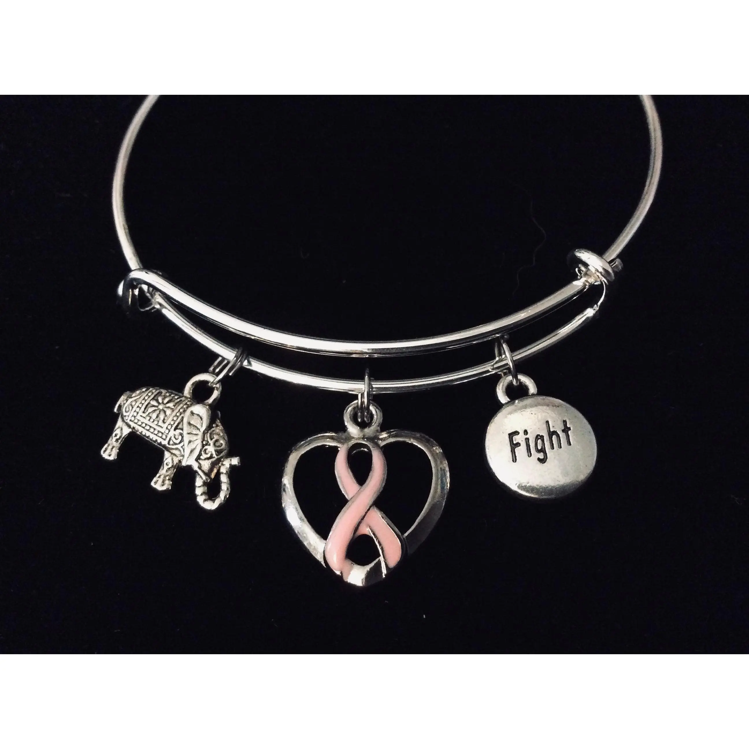 Pink Awareness Breast Cancer Expandable Charm Bracelet Fighter Strength Elephant Silver Adjustable Bangle One Size Fits All Gift