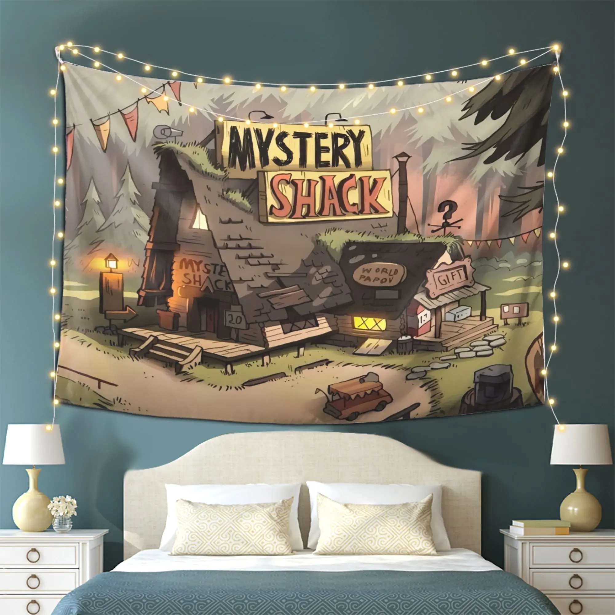 Gravity Falls Mystery Shack Tapestry - Extra Large Wall Hanging Decor with Gravity Falls Characters, Mysterious Woods Design  Green & Brown - Durable Peach Light Beige Fabric Poster for Living Room White