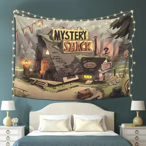 Gravity Falls Mystery Shack Tapestry - Extra Large Wall Hanging Decor with Gravity Falls Characters, Mysterious Woods Design in Green & Brown - Durable Peach Light Beige Fabric Poster for Living Room White