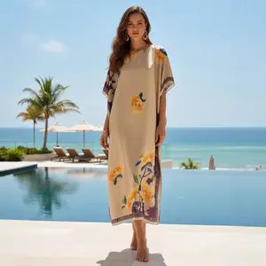 Relaxed Fit Abstract Print Satin Kaftan - Versatile Summer Caftan for Women, One Size,Perfect for Resort Days-Lightweight Satin Caftan for Summer & Vacation