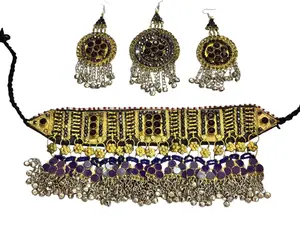 Handmade Afghan Tribal Jewelry Set – 300g Antique Gold Kuchi Choker Necklace (12cm) with Purple Stones & Statement Earrings | Luxury Boho Ethnic Jewelry for Women