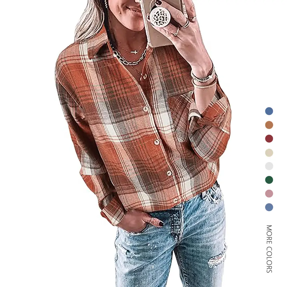 Women's Plaid Flannel Shirt - Long Sleeve Button-Down Top for Dress Casual Wear, Cotton-Polyester Blend, XXL, Checkered Print, Breathable, Long Sleeve Shirt, Flannel Blouse