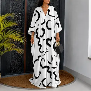 CHICME Women's Abstract Print Caftan Dress Loose V Neck Batwing Sleeve Maxi Dress Hollow Out Long Robe with Pockets