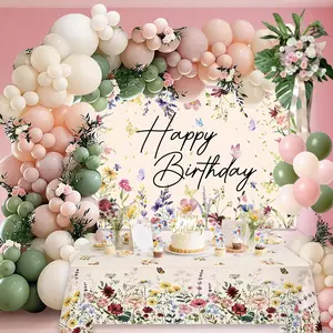 Wildflower Birthday Decorations for Women Girls, Sage Green Dusty  Balloon Arch Garland Kit with Floral Happy Birthday Backdrop, 12 Cupcake Toppers, Boho Spring Garden Party Supplies