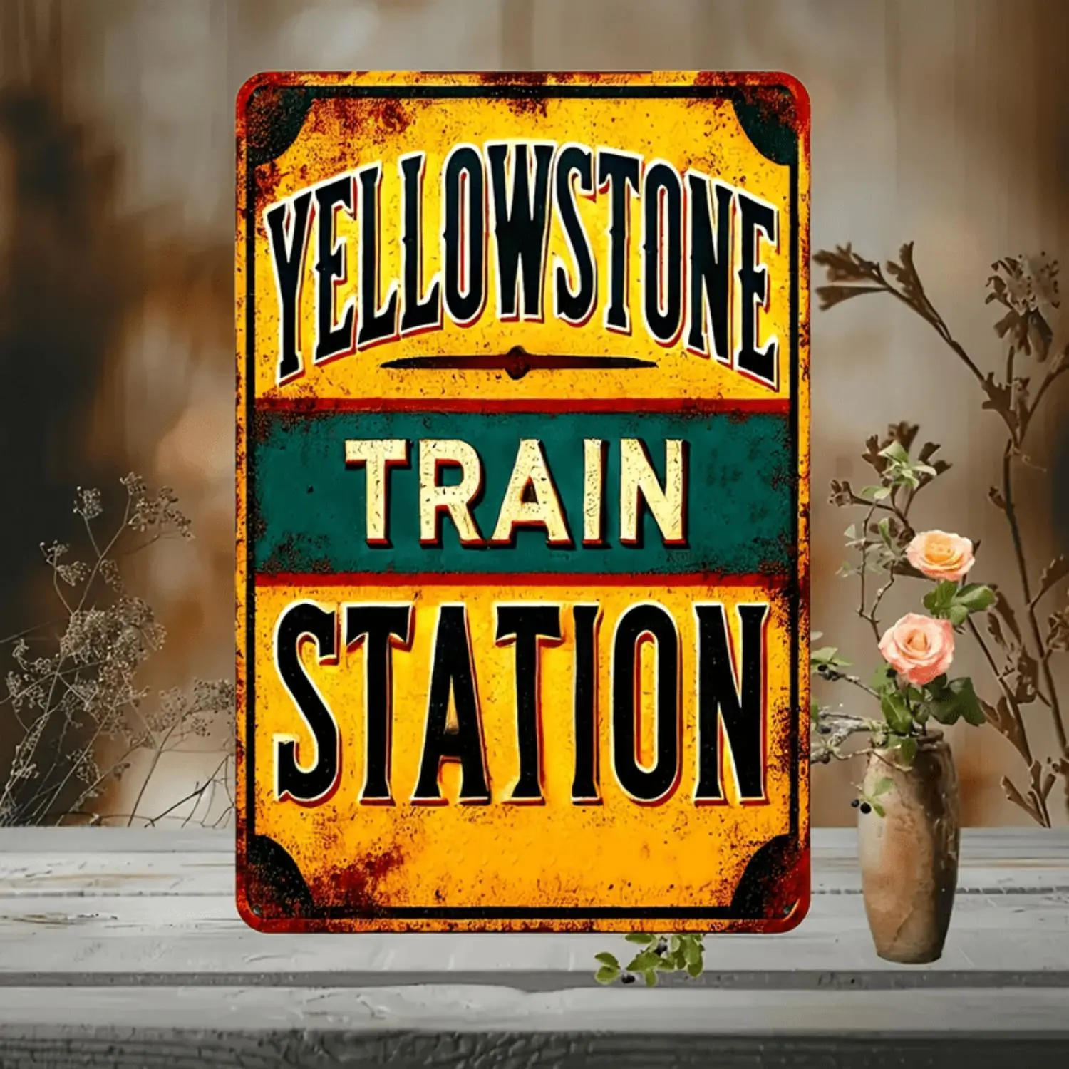 Yellowstone Train Station" Vintage Metal Sign - 8x12 Inch, Rustic & Waterproof Wall Art for Home, Garage, Bar, Farmhouse Decor, Metal Wall Art Decor