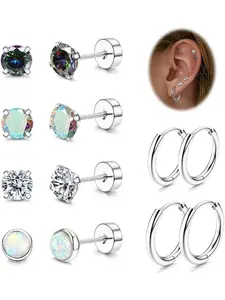 6 Pairs of Stainless Steel Earrings Silver Hoop Earrings Flat Back Surgery Steel Hypoallergenic Cartilage Tragus Earrings Jewelry, Titanium, Fashion Jewelry, Stud Earring Jewelry.