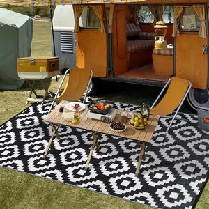 9x12 Rug Straw Rug Waterproof Camping Rugs for Porch Backyard Lightweight Reversible Mat for RV Pool Deck Beach Trailer Black White